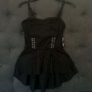 Unique Vintage High Low Black Lace Up Elastic Back Peplum
Corset Top